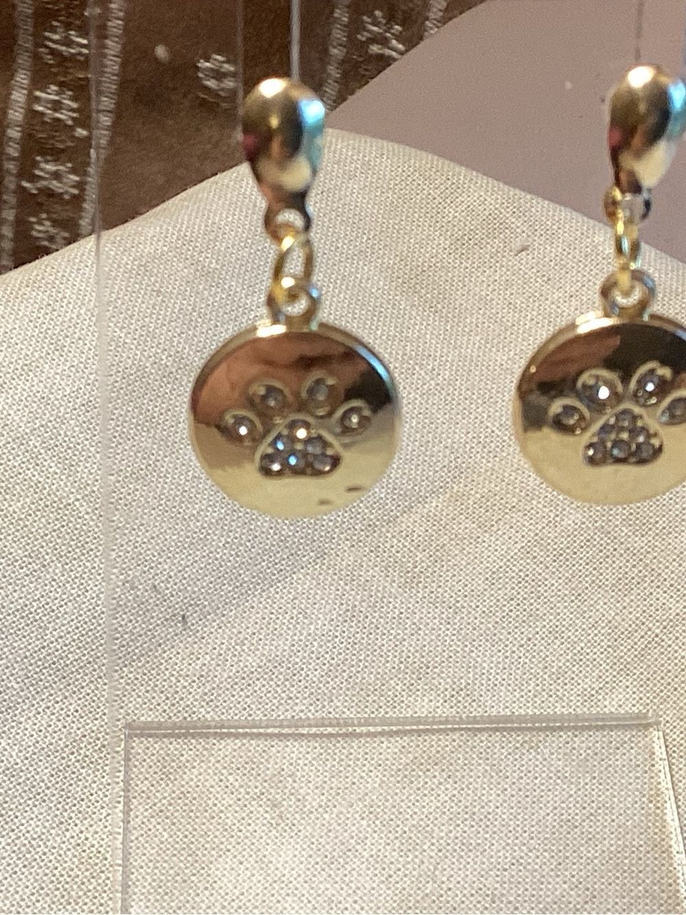 Gold Tone Crystal Paw Print Drop Earrings